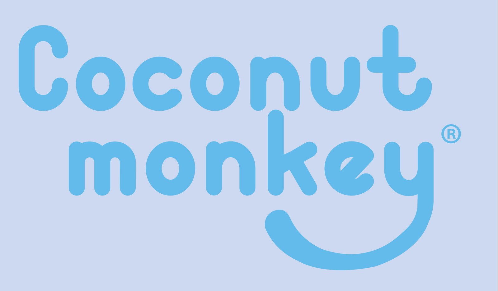 Coconut Monkey, una marca de kombuchas, compuesto por el nombre de la marca en color azul con la letra "Y" alargada dando una forma similar a la cola de un mono