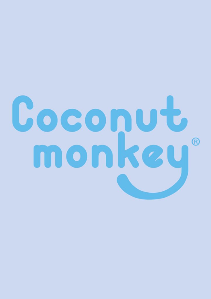 Coconut Monkey, una marca de kombuchas, compuesto por el nombre de la marca en color azul con la letra "Y" alargada dando una forma similar a la cola de un mono